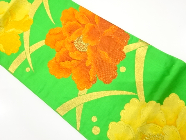 JAPANESE KIMONO / ANTIQUE FUKURO OBI / SILK / WOVEN PEONY & GRASS